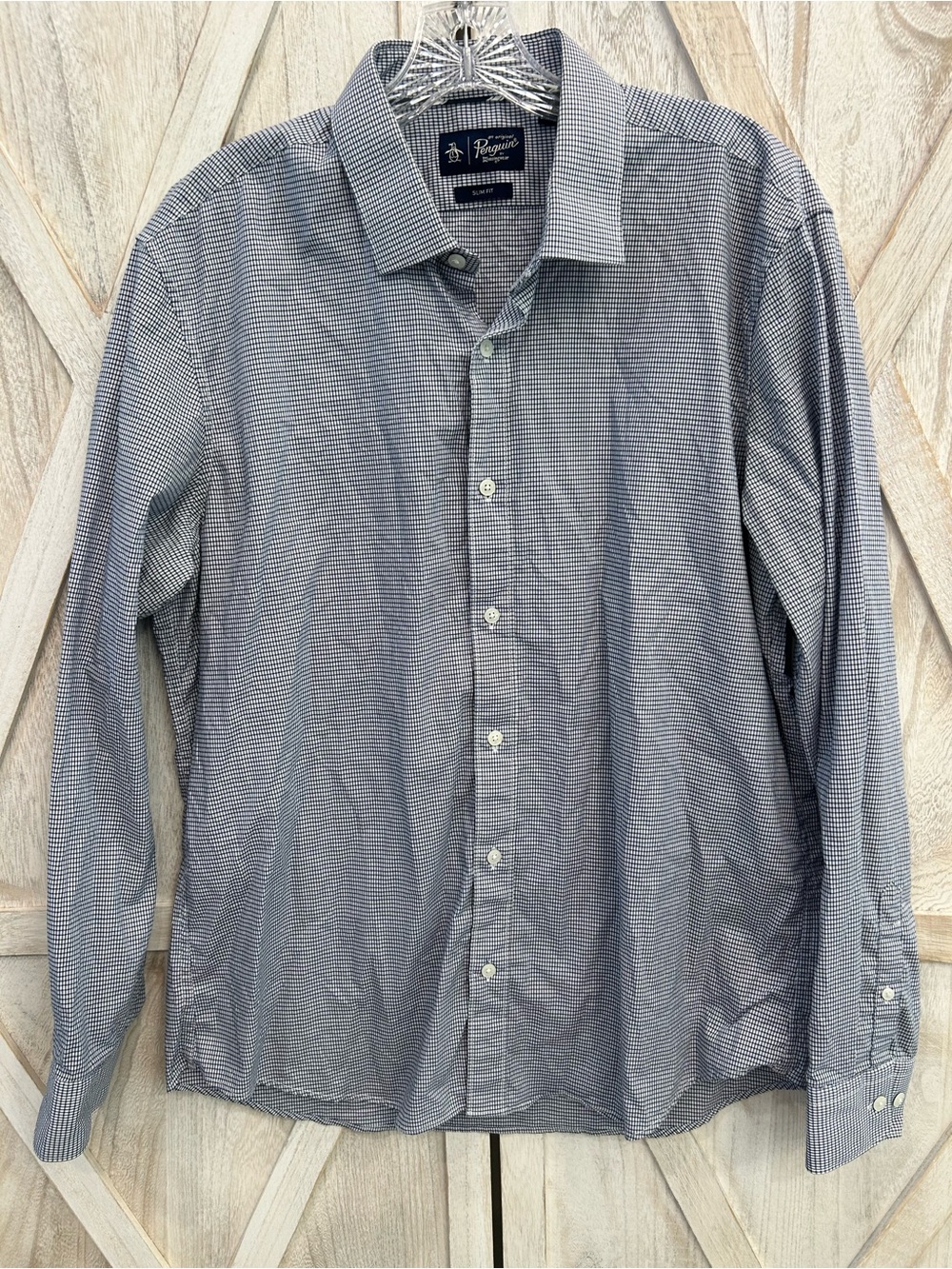 Original Penguin Shirt Men's 16 1/2 34/35 Slim Fit Navy Micro-Check Stretch